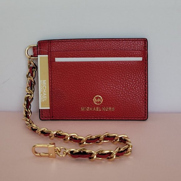 MICHAEL KORS Jet Set Small ID Pebbled Leather Chain Card Holder Case-Crimson $69 - Picture 6 of 16